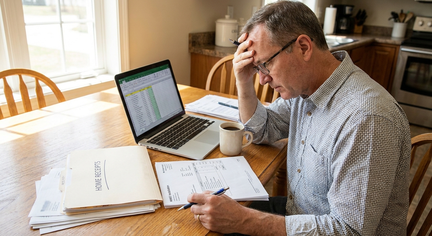 A homeowner sitting at a kitchen table reviewing an itemized HVAC installation invoice next to a laptop and a folder of receipts, real photo