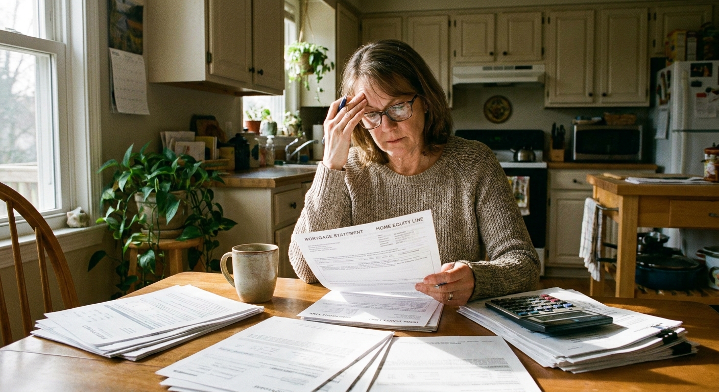 A homeowner sitting at a kitchen table reviewing a stack of mortgage and home equity paperwork with a calculator nearby, natural window light, realistic photography