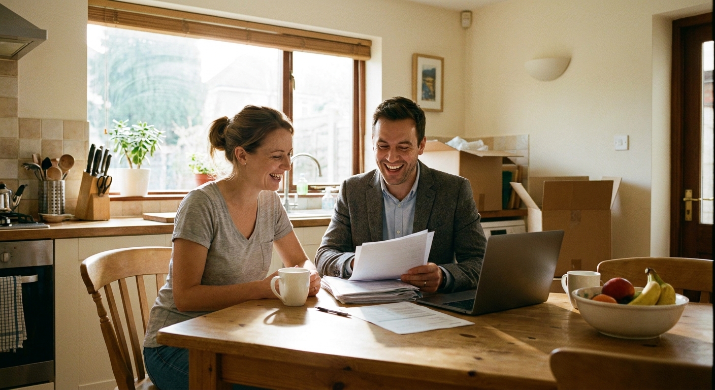 A homeowner sitting at a kitchen table reviewing closing documents with a real estate agent, natural light, candid real photo
