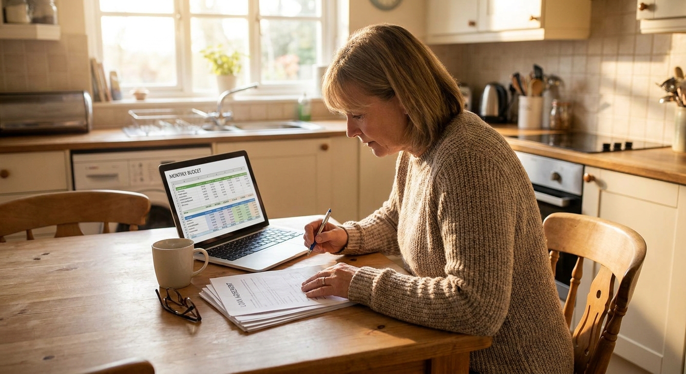 A homeowner sitting at a kitchen table reviewing loan documents and a laptop budget sheet, warm natural light, realistic photo