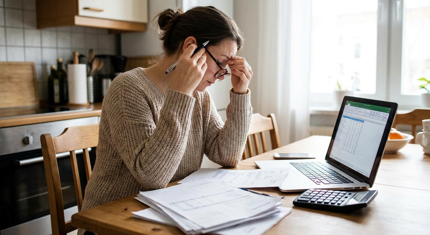 A homeowner sitting at a kitchen table reviewing mortgage documents with a laptop and calculator, realistic indoor photography style