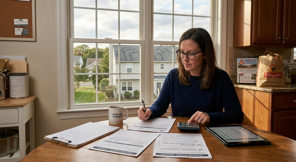A homeowner sitting at a kitchen table reviewing mortgage and home equity paperwork with a calculator and a laptop, realistic indoor photo