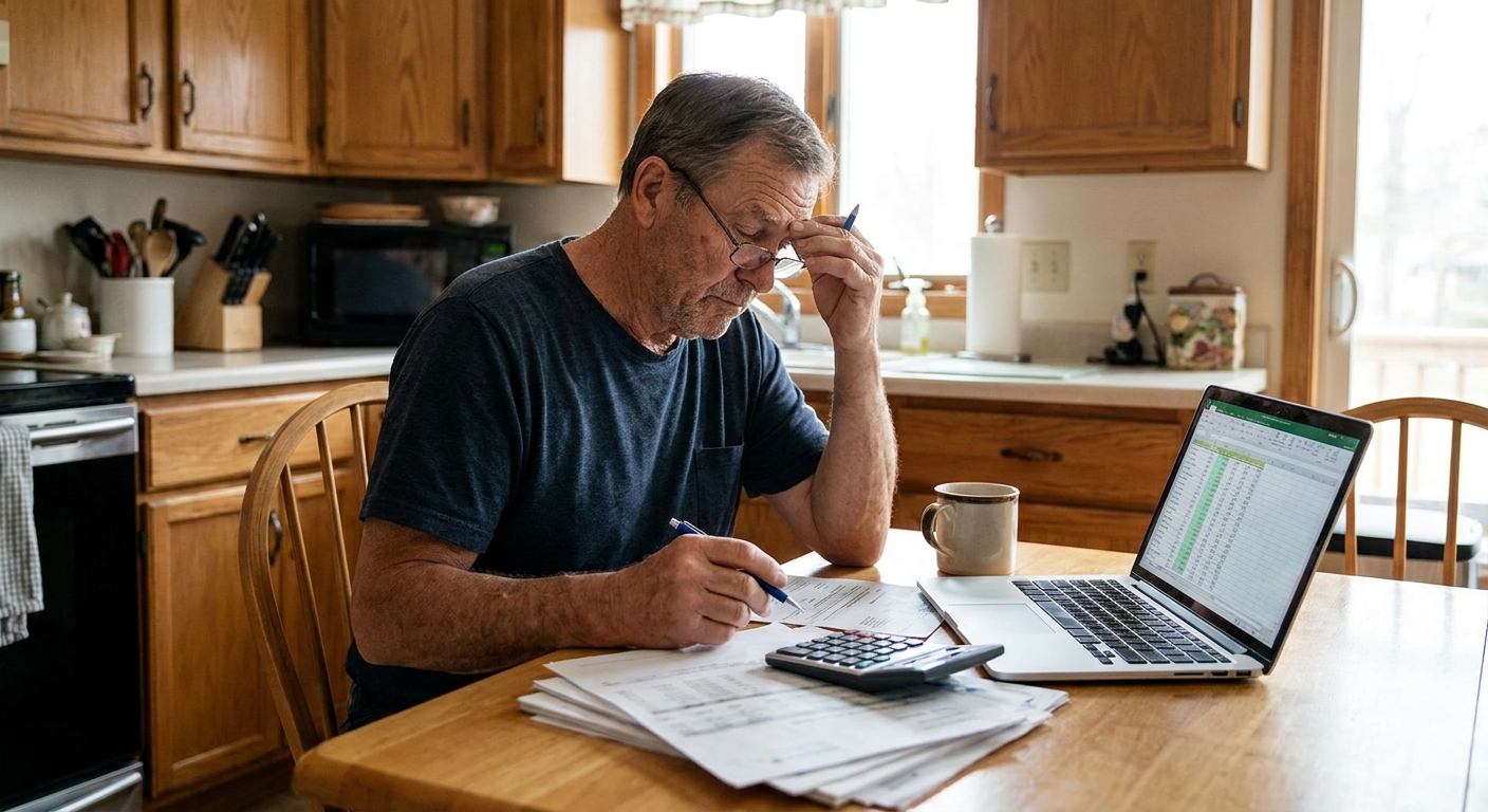 A homeowner sitting at a kitchen table reviewing mortgage refinance paperwork with a calculator and a laptop, realistic indoor photography