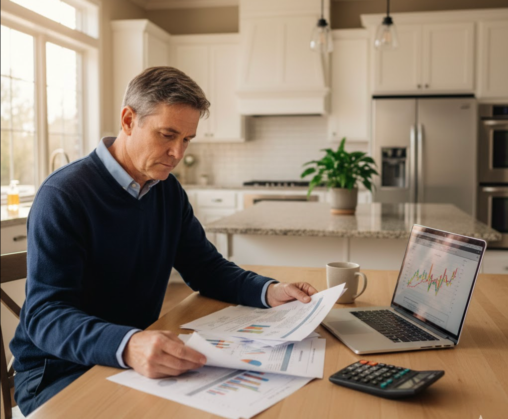 A homeowner sitting at a kitchen table reviewing mortgage paperwork and a calculator next to a laptop, realistic indoor photography
