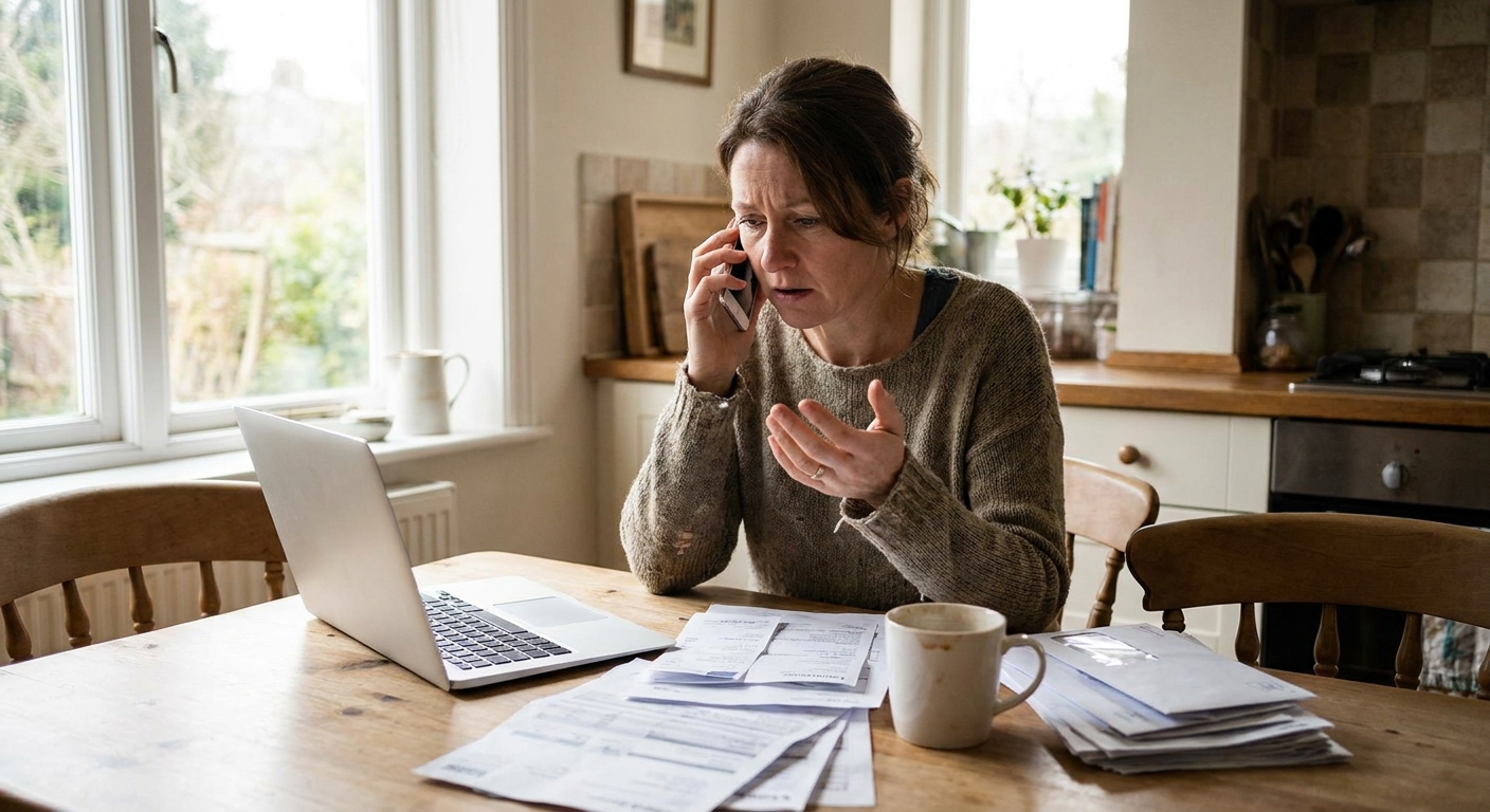 A homeowner sitting at a kitchen table reviewing paperwork while talking on a phone, natural window light, realistic photography style