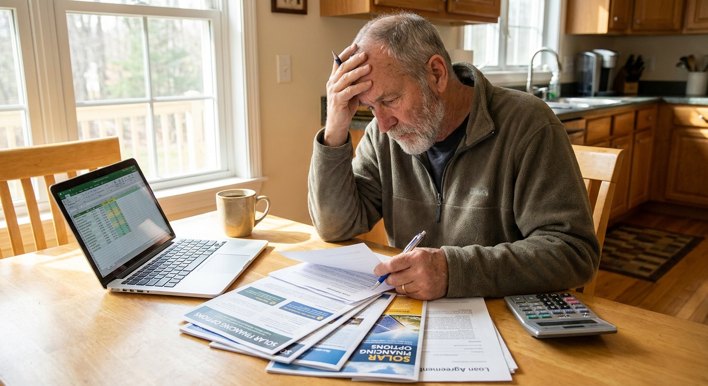 A homeowner sitting at a kitchen table reviewing solar financing documents next to a laptop and a calculator, natural light photo