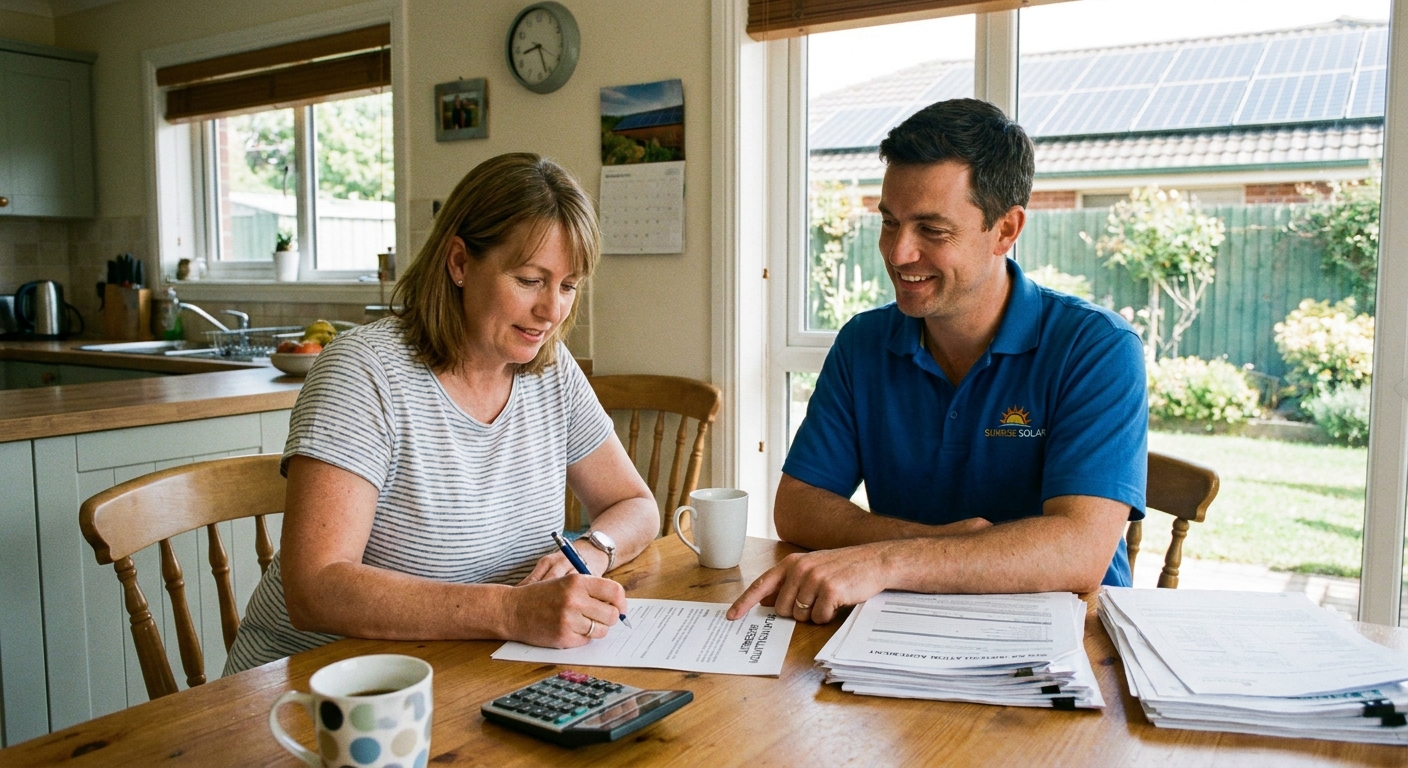 A homeowner sitting at a kitchen table signing a solar installation contract with a contractor across from them, with paperwork and a calculator visible, candid indoor photograph