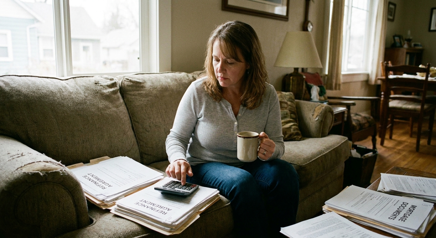 A homeowner sitting on a living room couch reviewing refinance documents with a calculator and a cup of coffee, real photo
