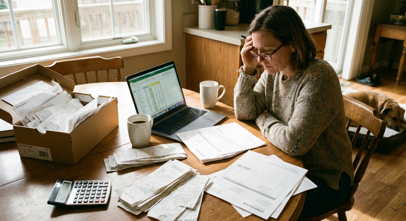 A homeowner sorting paper receipts and contractor invoices on a kitchen table with a laptop open, real photo