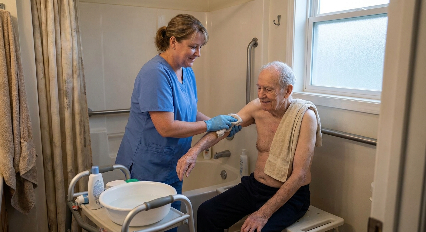 A hospice aide assisting an older adult with a gentle sponge bath in a home bathroom, respectful and realistic healthcare photo