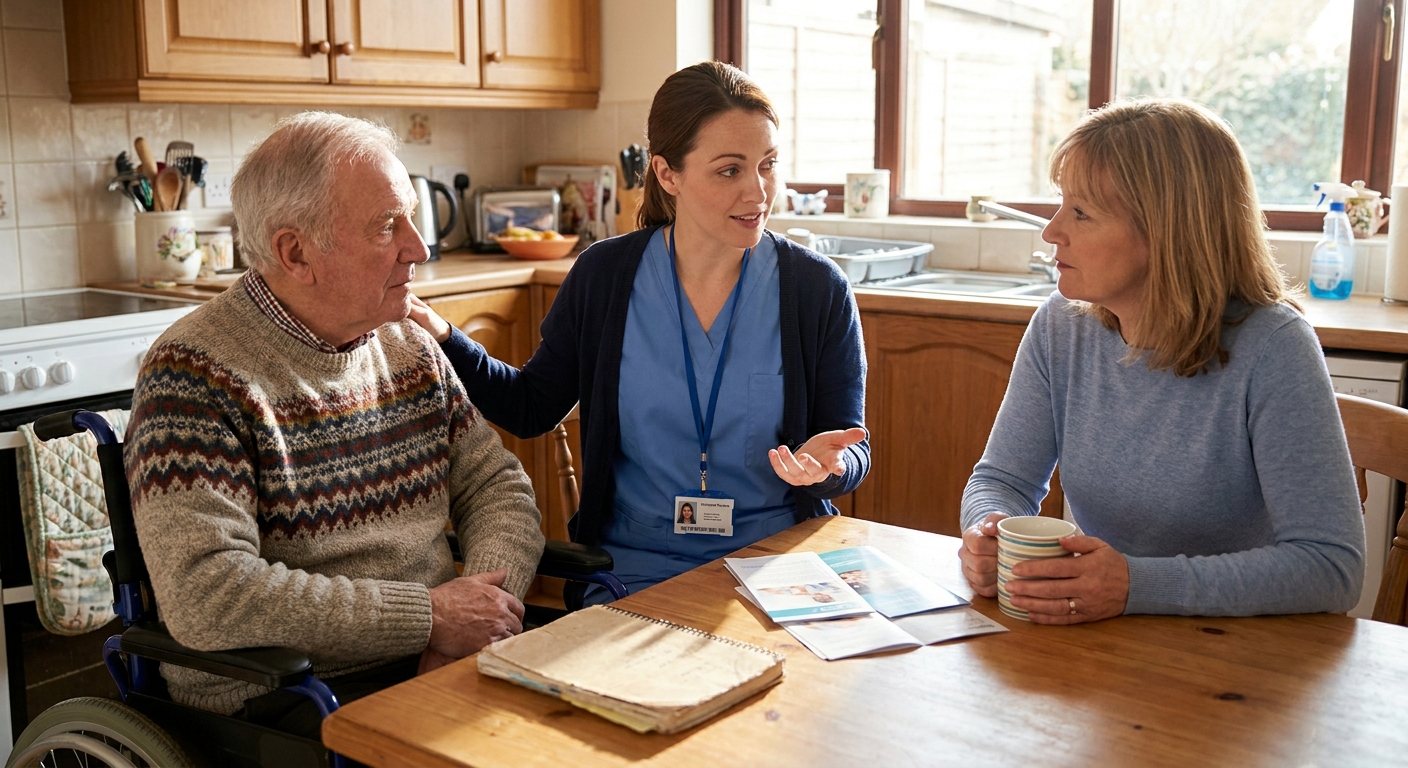 A hospice nurse sitting at a kitchen table in a patient’s home while speaking calmly with an older adult and a family caregiver, real-life healthcare photo