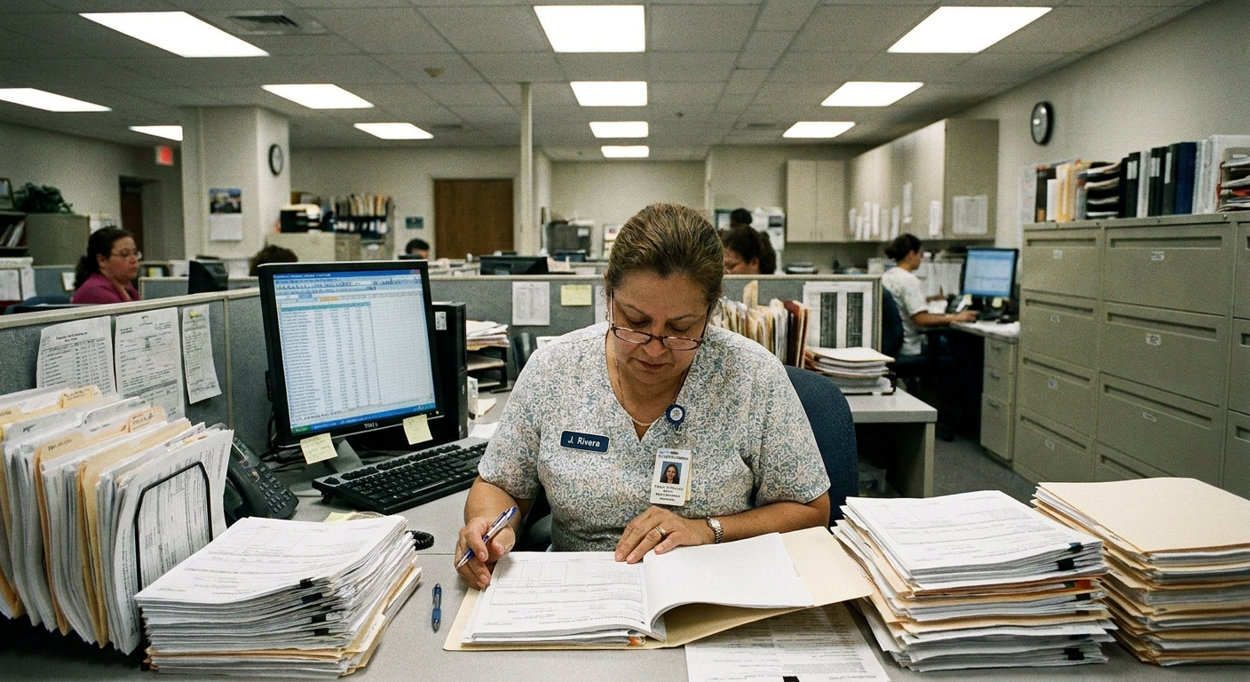 A hospital billing office worker reviewing a stack of patient account forms at a desk, realistic office photography style