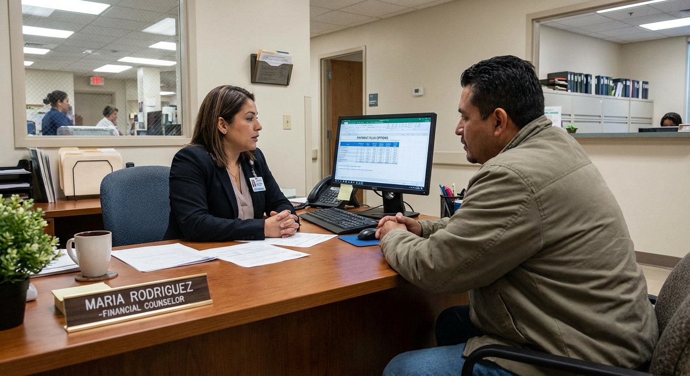 A hospital financial counselor sitting across a desk from a patient reviewing payment options on a computer screen, realistic office setting photo