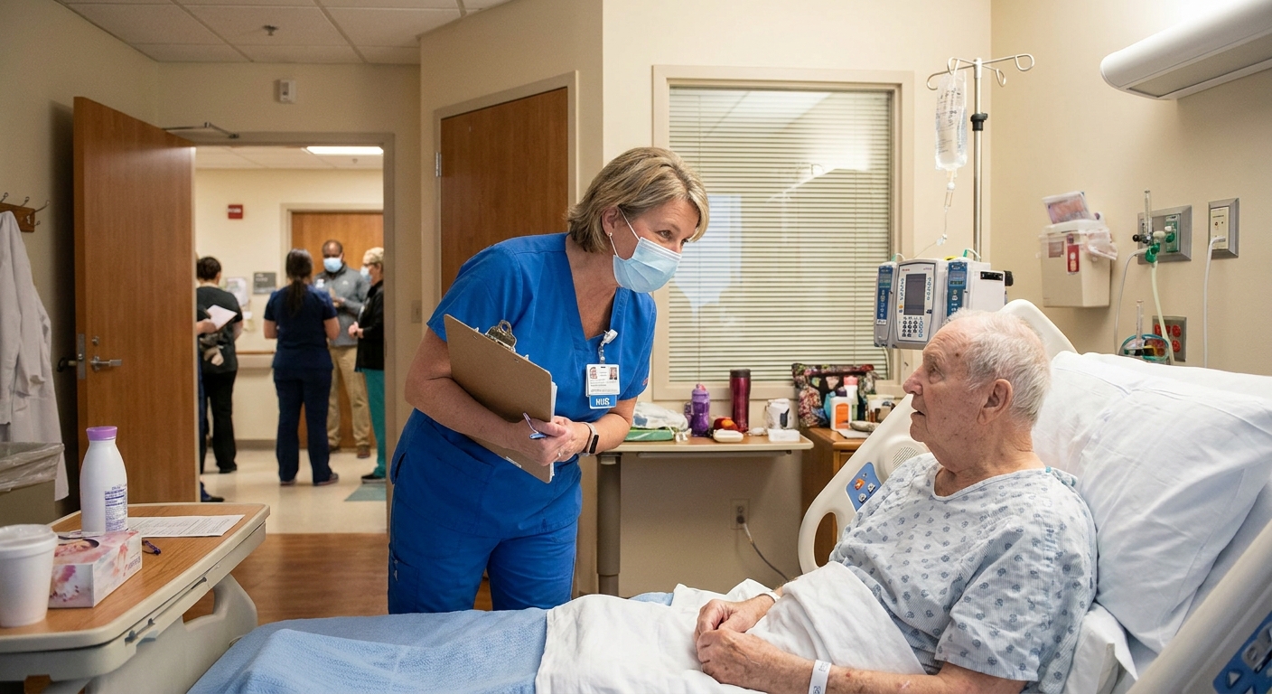 A hospital nurse speaking with an older patient at bedside while holding a clipboard, realistic hospital photography style