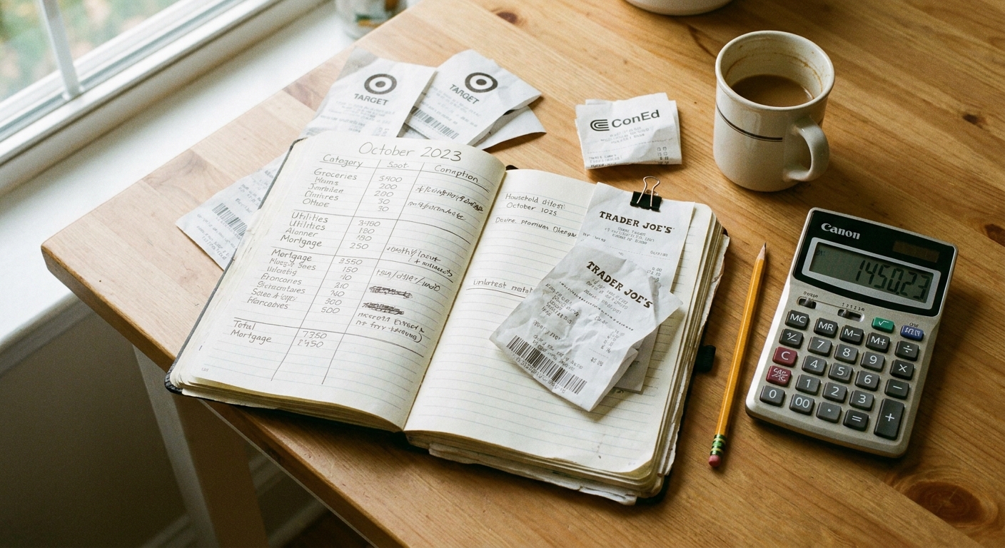 A household budget notebook open on a table with receipts and a calculator nearby, showing a realistic budgeting moment