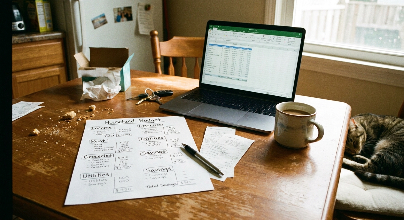 A household budget worksheet filled out on a kitchen table next to a laptop and a mug, showing a realistic home budgeting setup