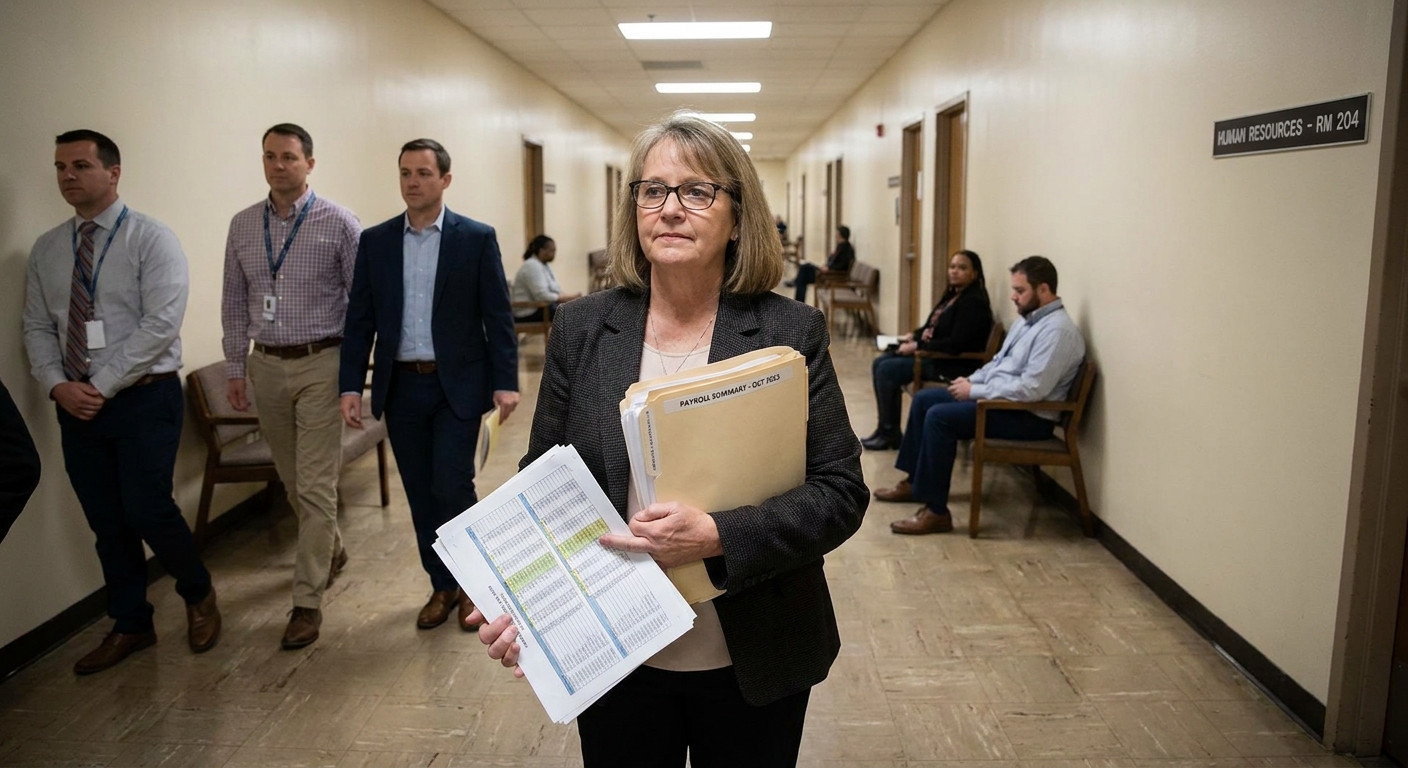 A human resources employee holding payroll paperwork in a government office hallway with neutral decor, realistic workplace photograph