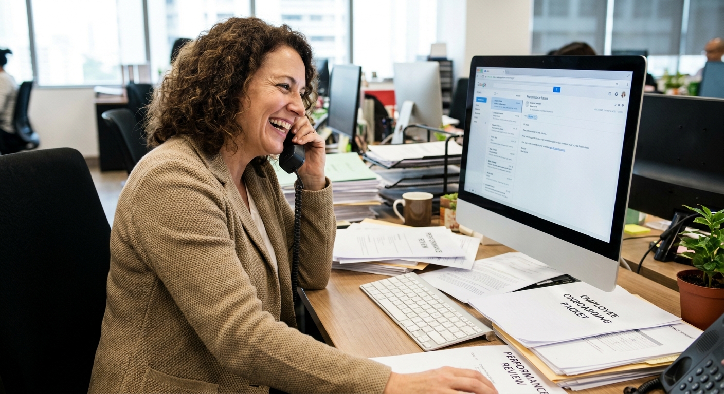 A human resources specialist sitting at an office desk talking on the phone with a computer and employee forms nearby, realistic workplace photo