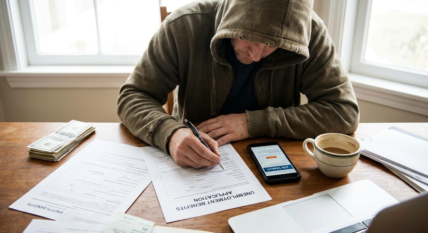 A job seeker at a home desk filling out an unemployment benefits form with a pen next to a smartphone and a cup of coffee, realistic photo