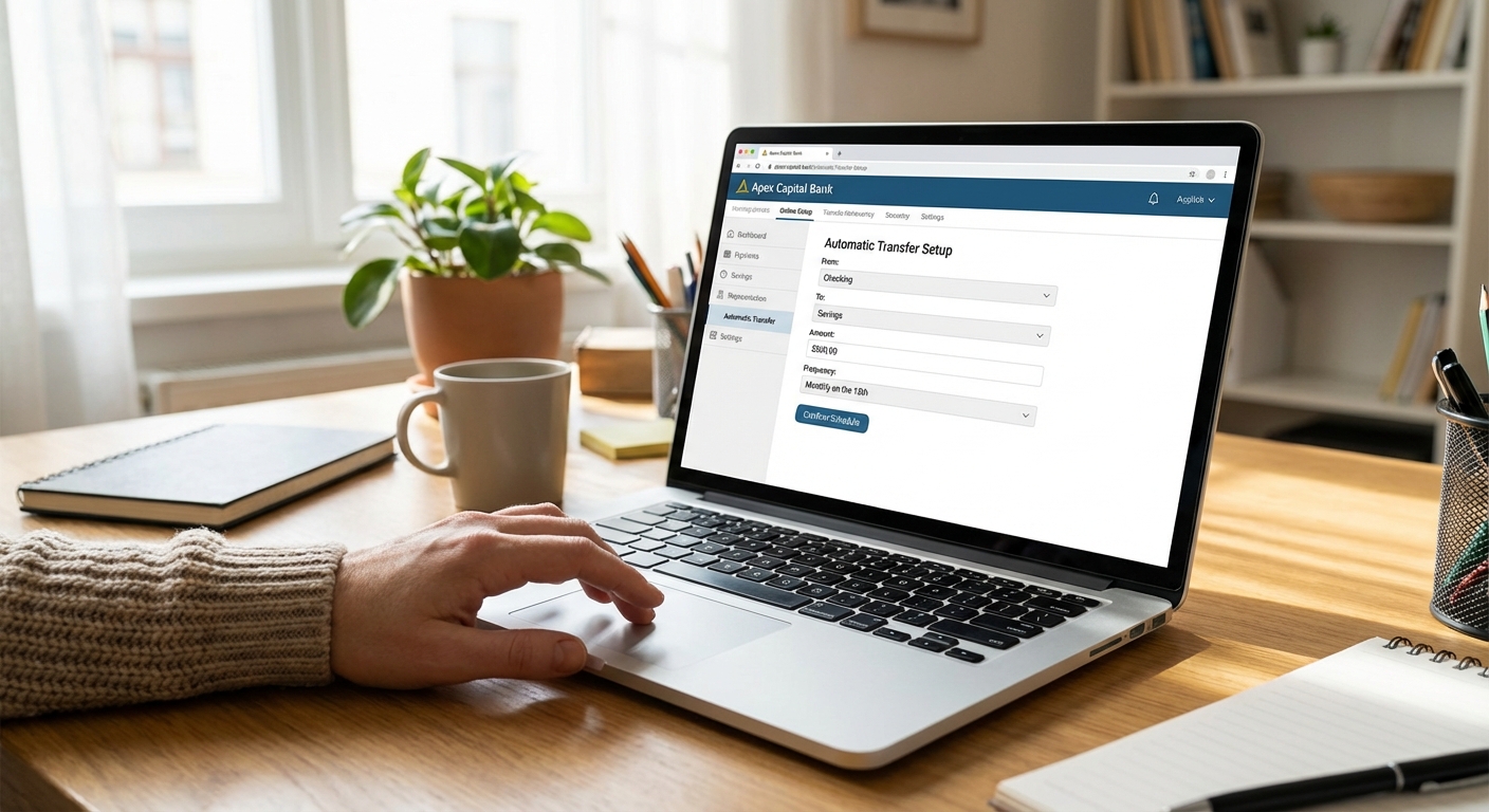 A laptop on a desk displaying an online banking page with an automatic transfer setup visible, with a hand on the trackpad, realistic home office photo
