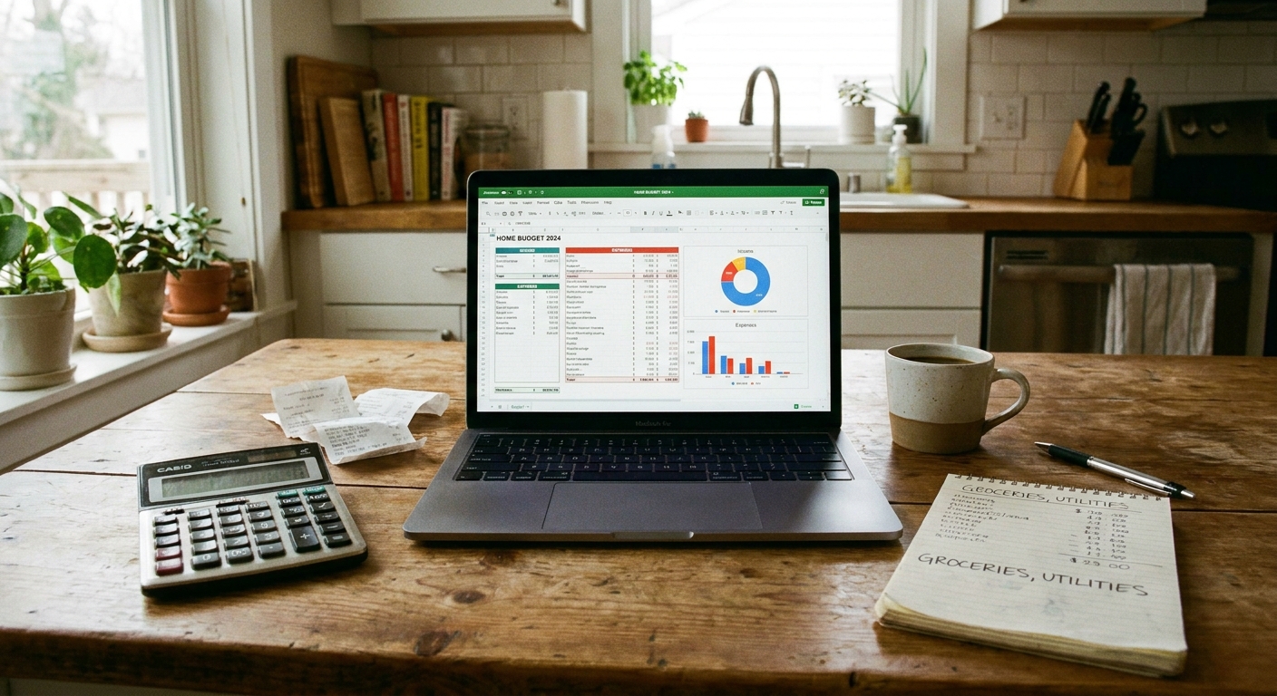 A laptop on a kitchen table displaying a budget spreadsheet with a calculator and notepad beside it in a home finance scene