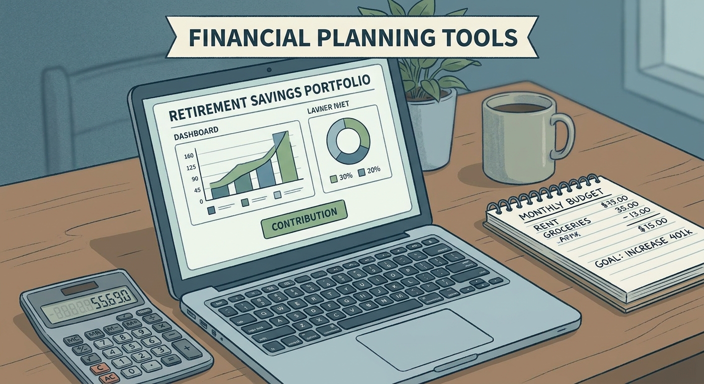 A laptop on a kitchen table opened to an online retirement account page while a calculator and a notepad with handwritten budget notes sit nearby