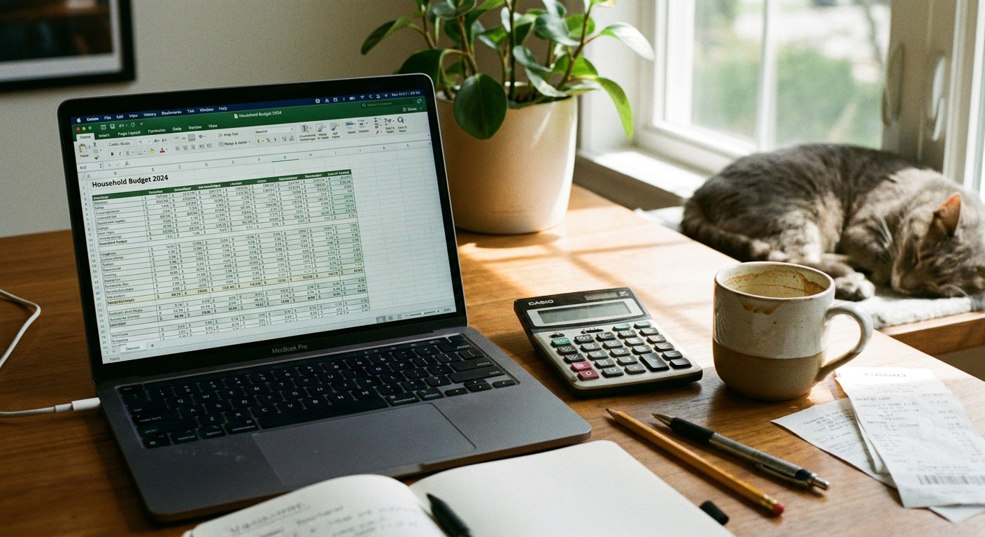 A laptop open to a household budget spreadsheet next to a calculator and a mug on a home desk, natural light photo