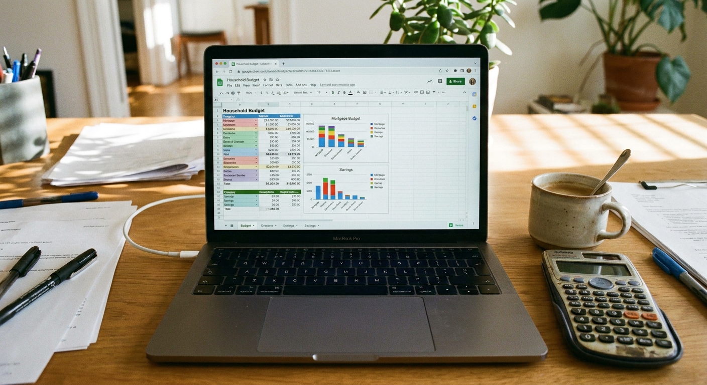 A laptop open to a household budget spreadsheet on a desk with a calculator and a cup of coffee nearby