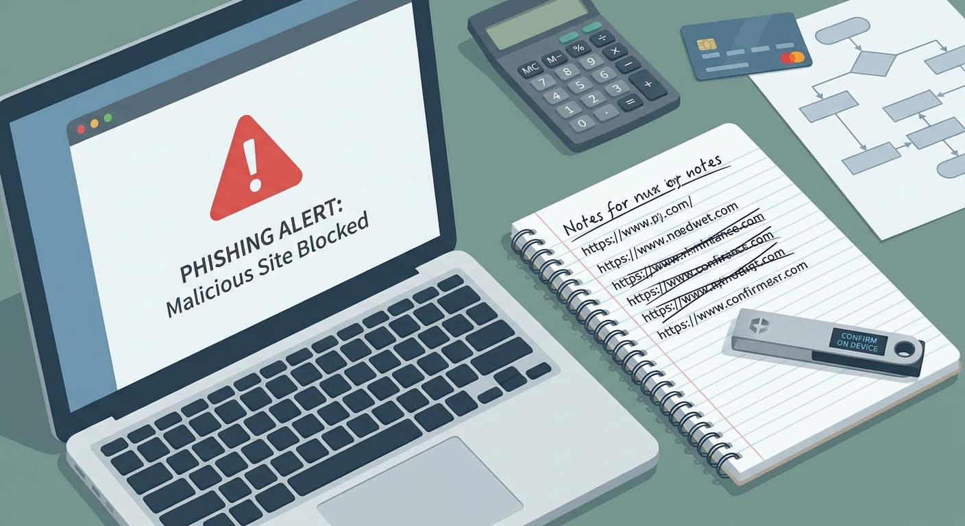 A laptop showing a security warning next to a notebook of URLs and a hardware wallet, illustrating caution against phishing during a crypto migration