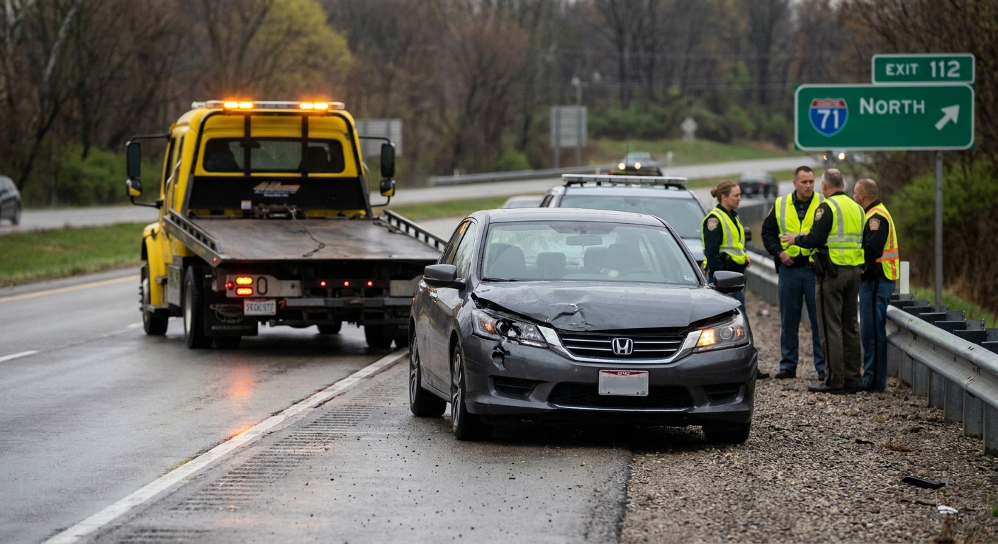 A late-model sedan stopped on the shoulder of an Ohio highway after a minor crash, with visible front-end damage and a tow truck arriving, realistic news-style photograph