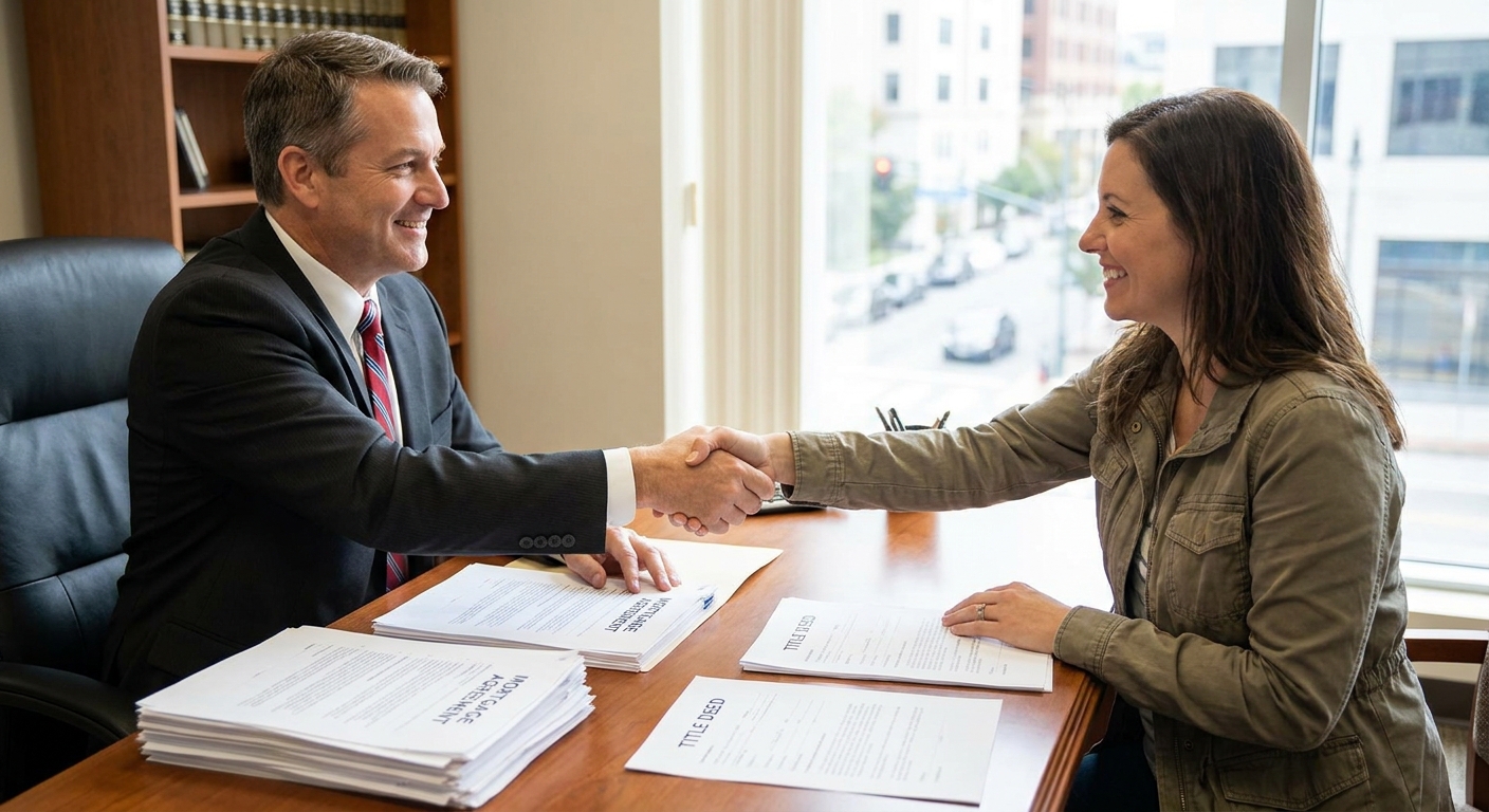 A lender and a homeowner shaking hands across a desk with mortgage documents spread out, realistic office photo