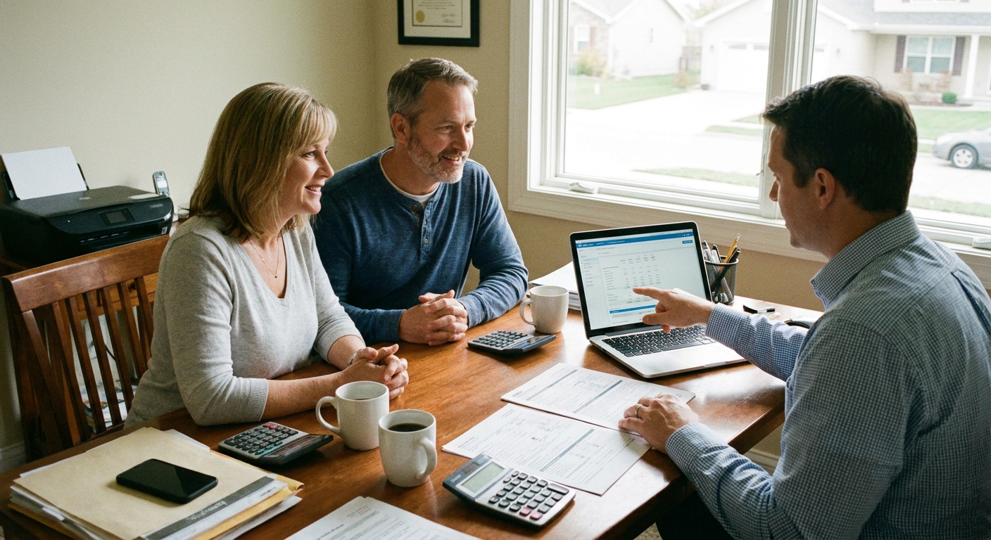 A lender meeting with a couple at a desk to discuss a mortgage refinance, real-life photography style