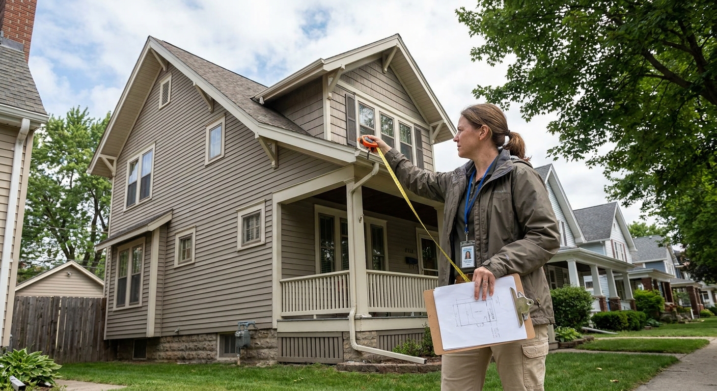 A licensed home appraiser measuring the exterior of a suburban house with a tape measure and clipboard, daylight, realistic photography