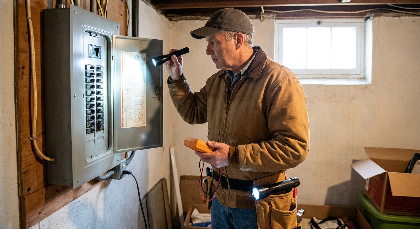 A licensed home inspector examining an electrical panel in an older home during a buyer inspection, flashlight in hand, realistic photography style