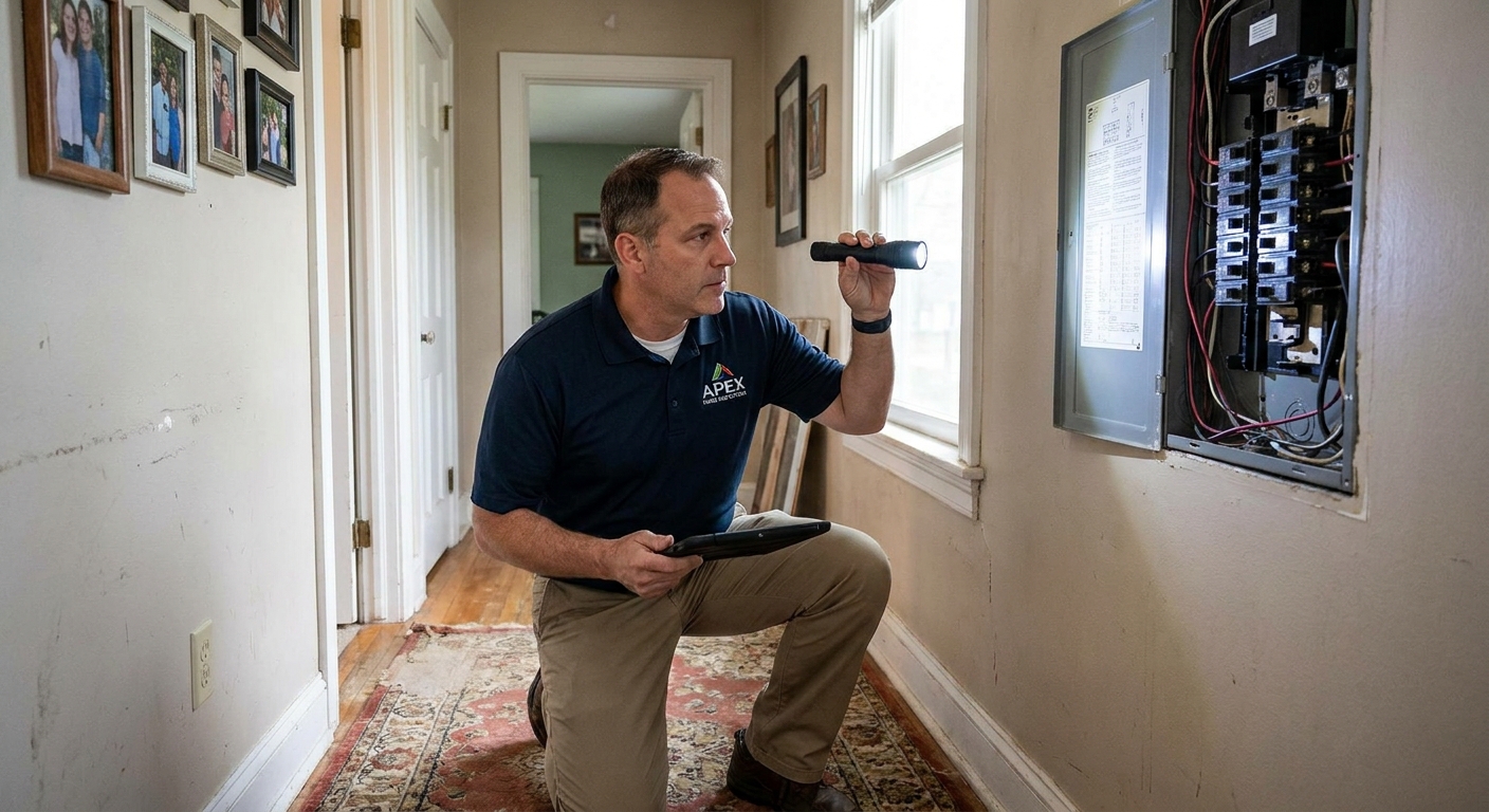 A licensed home inspector standing in a hallway examining an open electrical panel with a flashlight, real residential interior photo style