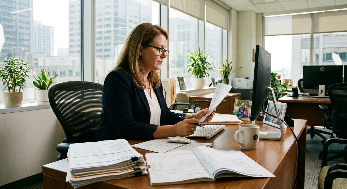 A loan officer at a desk reviewing pay stubs and bank statements in a bright office setting, realistic photography