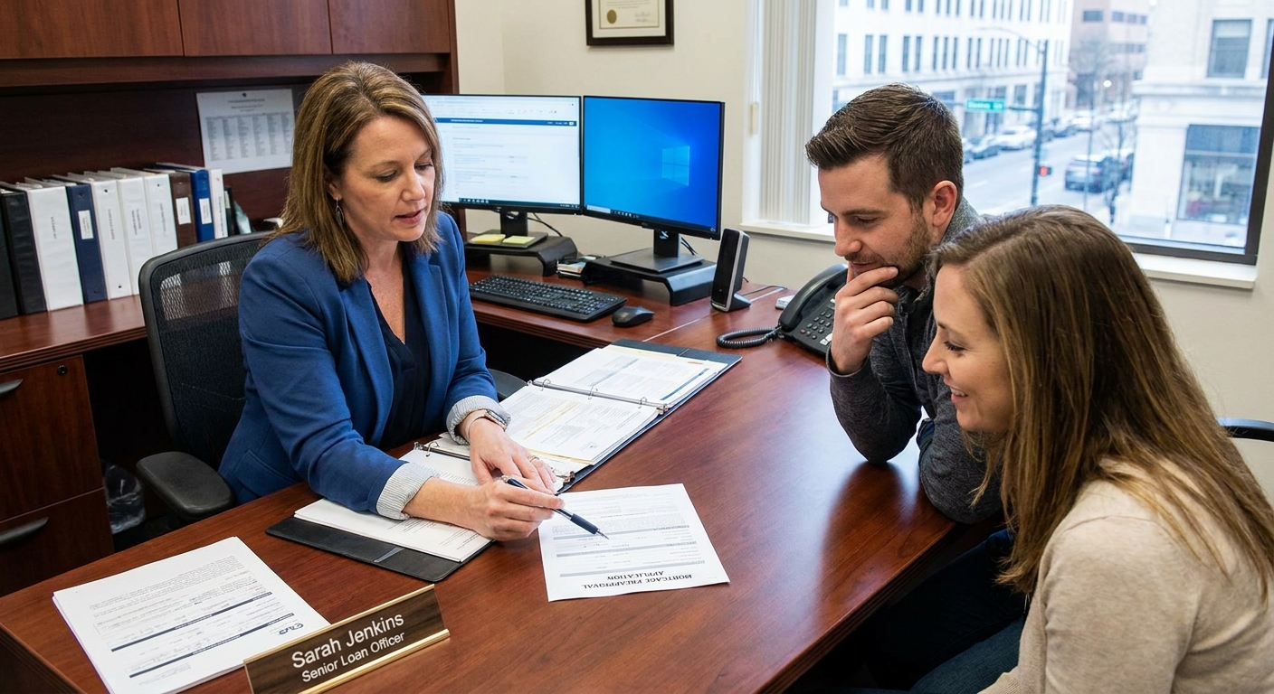 A loan officer reviewing documents with a couple at an office desk during a mortgage preapproval meeting, realistic professional setting