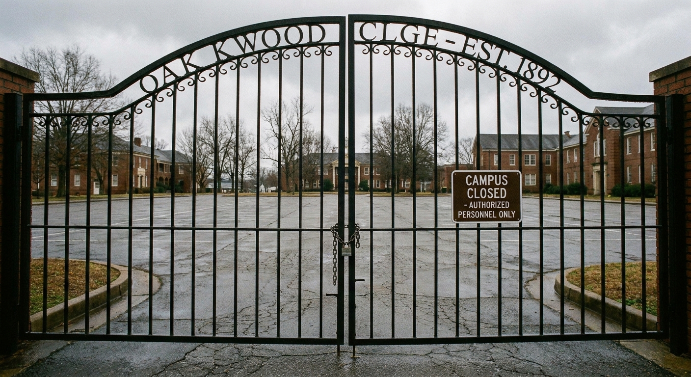 A locked entrance gate to a small college campus with an empty parking lot on an overcast day, realistic photo