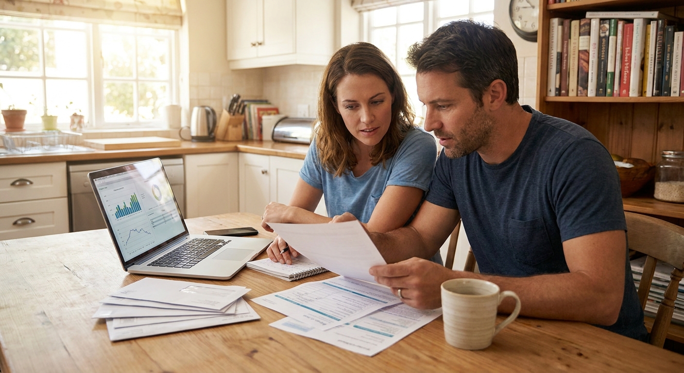 A married couple in their 30s sitting at a kitchen table with a laptop, paperwork, and a cup of coffee, reviewing their retirement accounts and budget in a real home setting