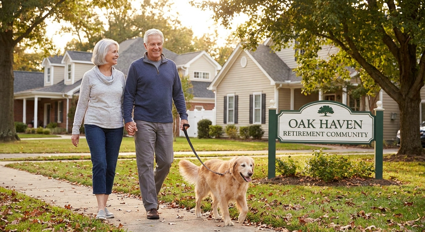 A married couple in their late 60s walking a dog along a quiet neighborhood sidewalk near a retirement community