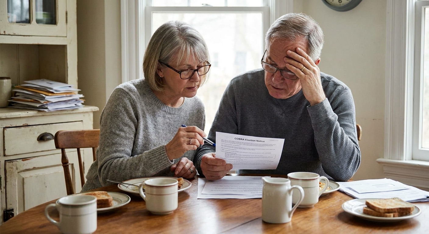 A married couple in their mid-60s sitting at a dining table reading a COBRA election notice letter, realistic candid photo
