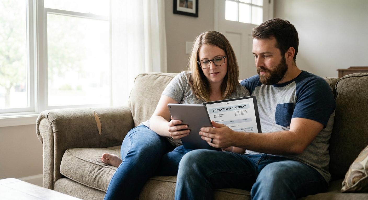 A married couple on a couch reviewing a student loan statement on a tablet, natural indoor lighting, real photograph