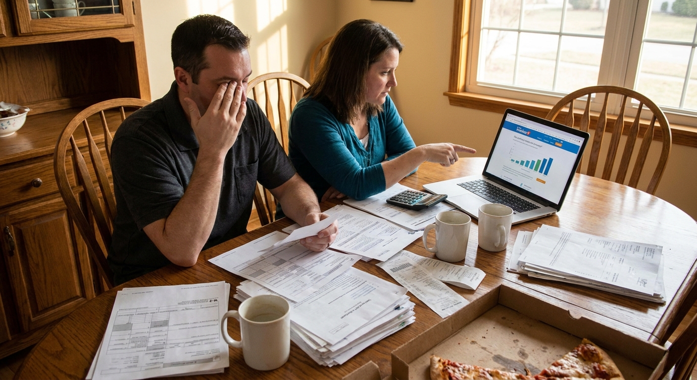 A married couple sitting at a dining room table organizing tax forms and a laptop open to a tax software page, realistic photo