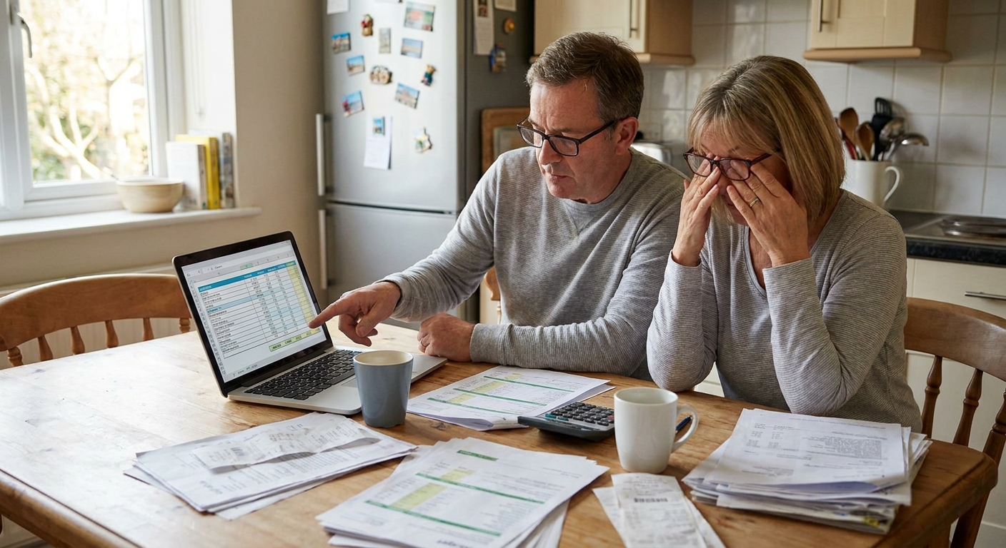 A married couple sitting at a kitchen table at home reviewing tax documents and a laptop budget spreadsheet, candid real-life photography