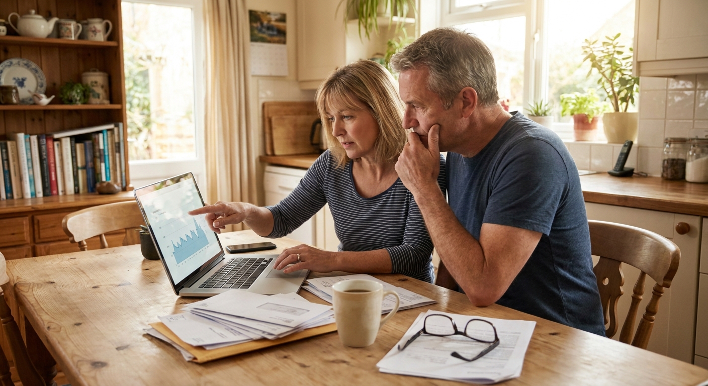 A married couple sitting at a kitchen table with a laptop and paper bills, discussing retirement savings at home, real-life photography style