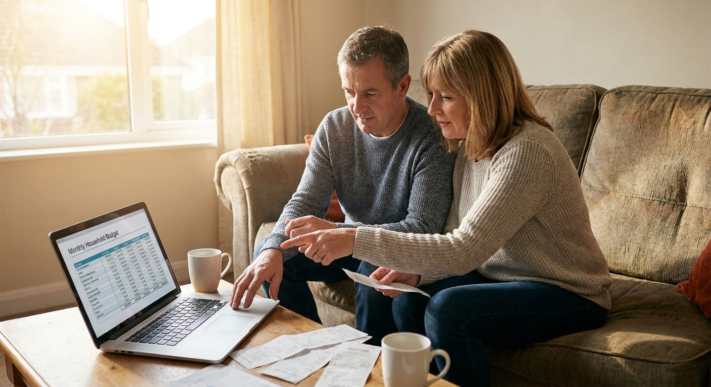 A married couple sitting on a couch in a living room with a laptop open to a budgeting spreadsheet, reviewing monthly expenses together, natural light photography