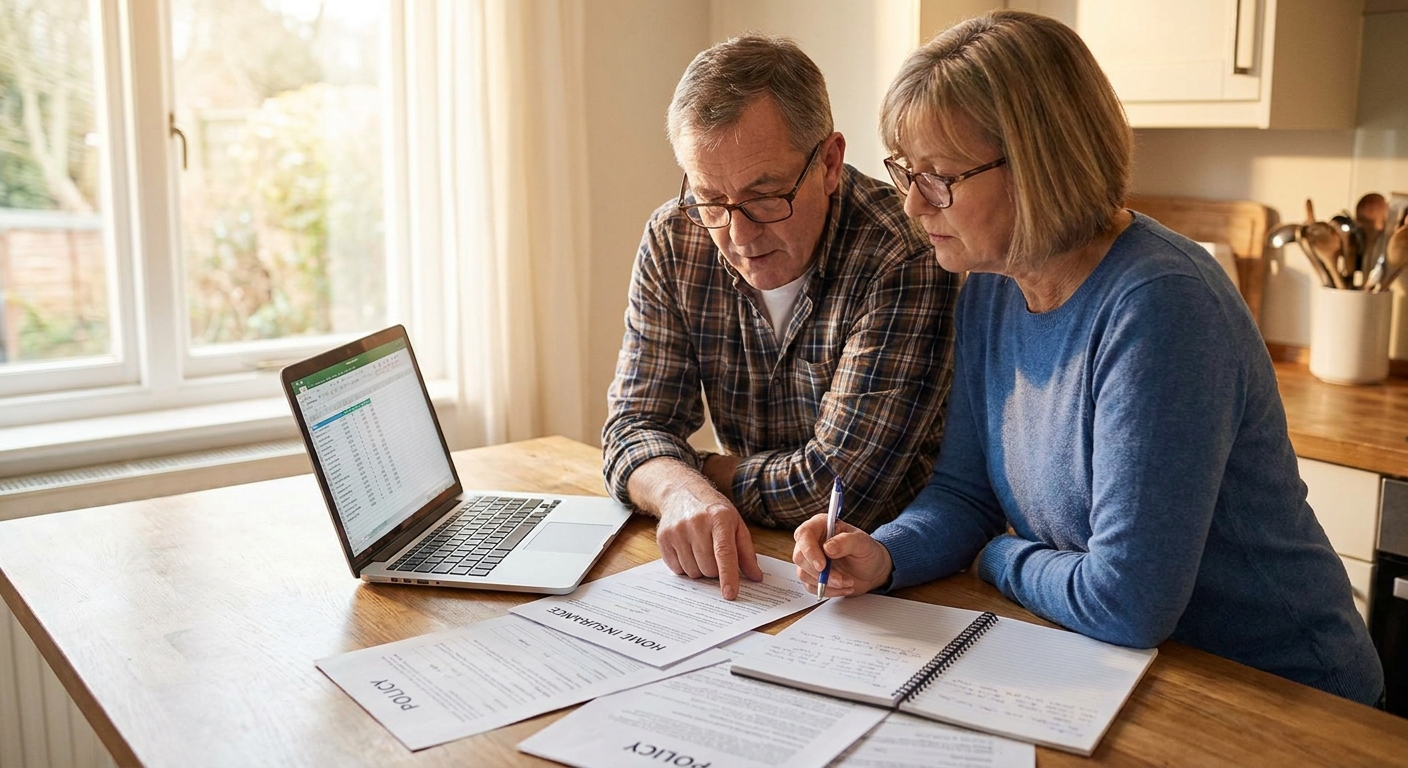 A middle-aged couple sitting at a kitchen table reviewing insurance paperwork with a laptop and a notebook, warm natural window light, candid real-life photo
