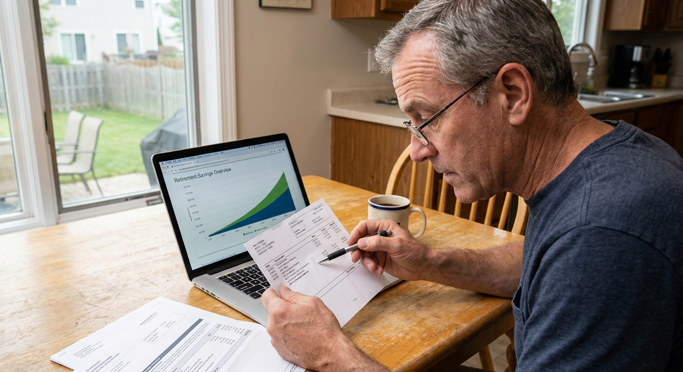A middle-aged employee at a kitchen table looking at a laptop and a paper pay stub, checking 401(k) contribution amounts, realistic photography style
