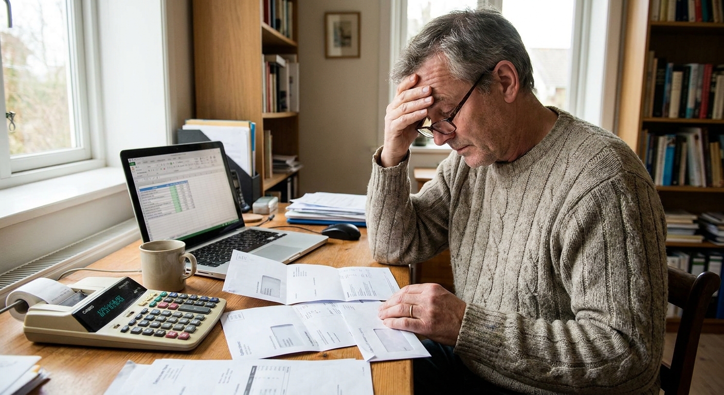 A middle-aged parent sitting in a home office looking at monthly bills and a calculator, realistic photo