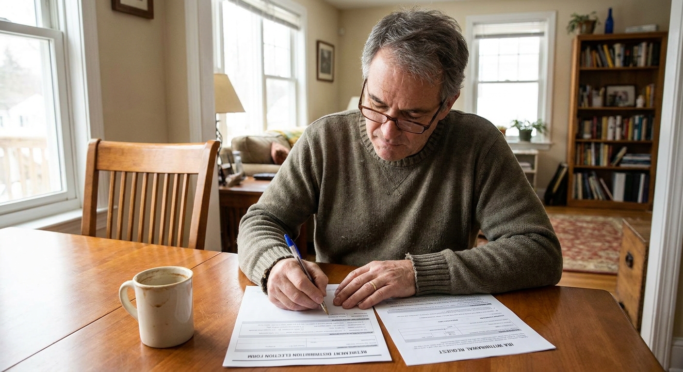 A middle-aged retiree sitting at a dining table signing retirement distribution paperwork with a pen, a cup of coffee nearby, realistic photo